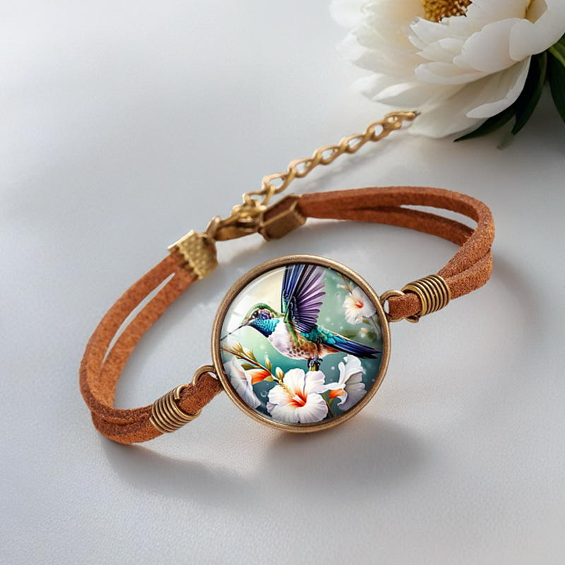 2pcs Vintage Hummingbird and Flower Handmade Glass Bangles